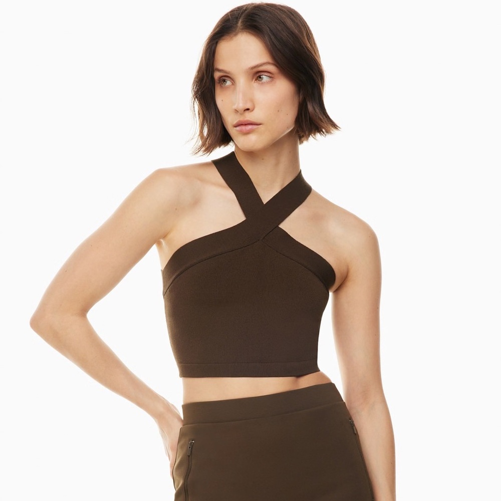 Aritzia Babaton Sculpt Knit Criss Cross Cropped Tank in Coffee Bean (Brown)